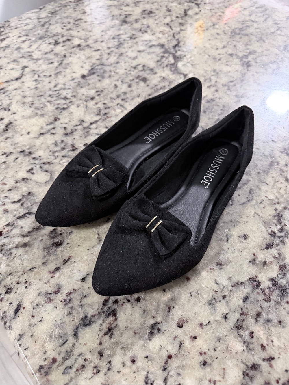 Women's Black Pointed Bow Detail Flats - Miss Shoe